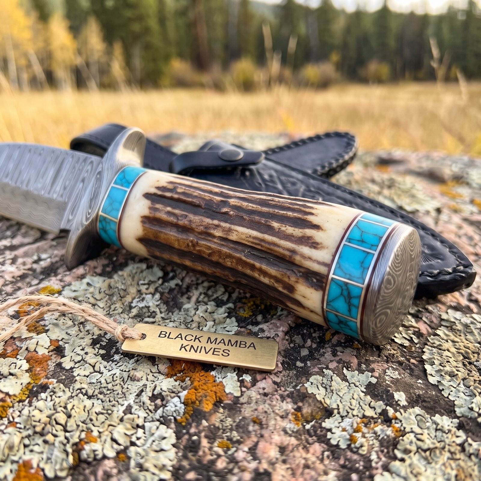 PERSIAN YUMA Knife 9″ Long 4.5″ Blade” 10.5oz Hunting Fixed Blade Knife Damascus Steel Real Turquoise Stag Handle Knife Black Mamba Hand Made World Class Knives USA Made | BMK-111 - view 4