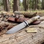 Rattle Snake Damascus hunting knife BMK-106 with stag antler handle with leather sheath