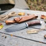 Yakushima Damascus Bowie hunting knife BMK-150 with rosewood handle with leather sheath